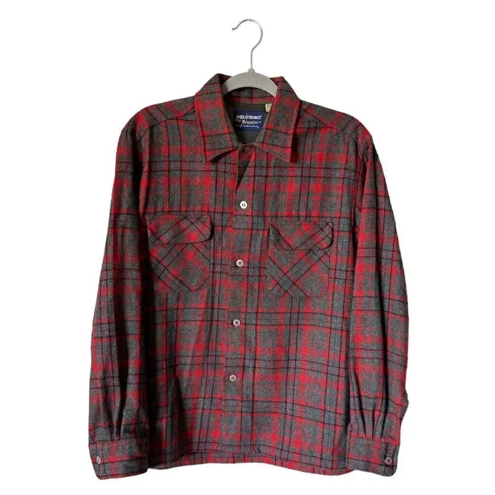 Wool The West Wool Red Gray Dress Shirt Plaid Size L